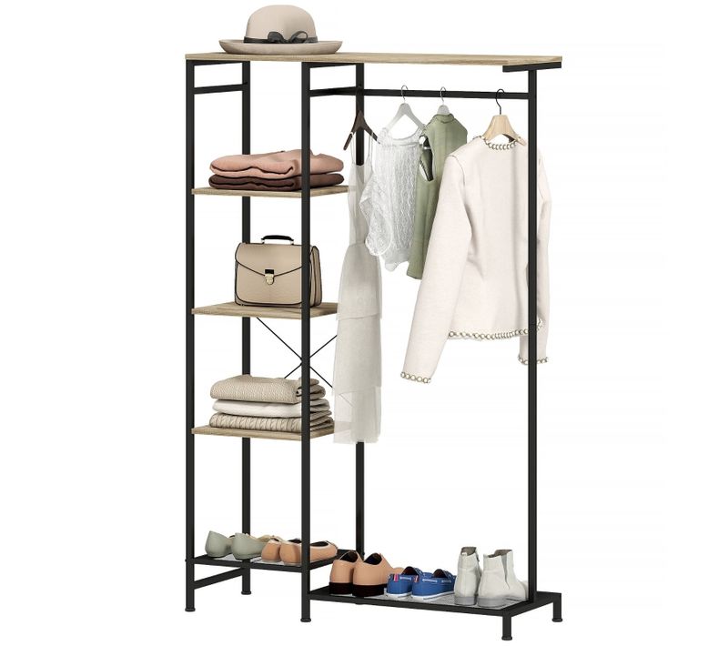 Vestiaire  Sur Pied Multifonction Avec Barre, Étagères Et Rangement Chaussures, Chêne