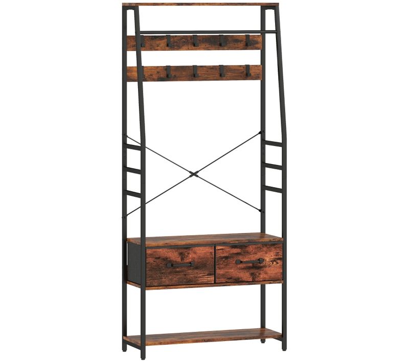 Vestiaire D’entrée Avec Banc, étagères, 10 Crochets Et Tiroirs Tissu, Style Industriel