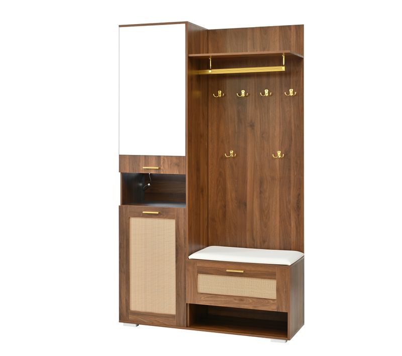 Vestiaire D’entrée Avec Miroir, LED 16 Couleurs, Banc Et Porte-manteaux Dorés