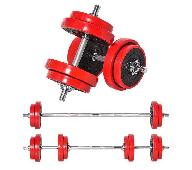 Haltères 2-en-1 20 kg Réglables Pour Maison, Courts Et Longs, Rouge/noir
