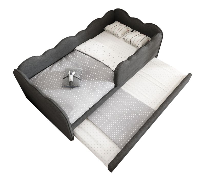 Lit Gigogne 90x190 Cm Avec Tiroir Extensible, Tissu Lin Gris, Enfant