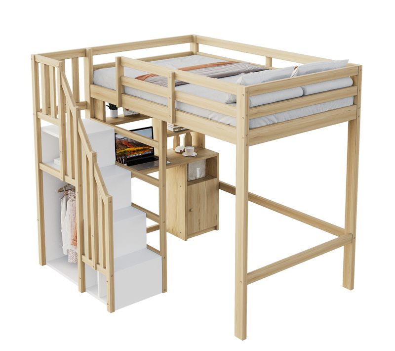 Lit Mezzanine 90x200 Cm Avec Bureau, étagères Et Escalier Sécurisé, Lit Enfant En Bois Massif