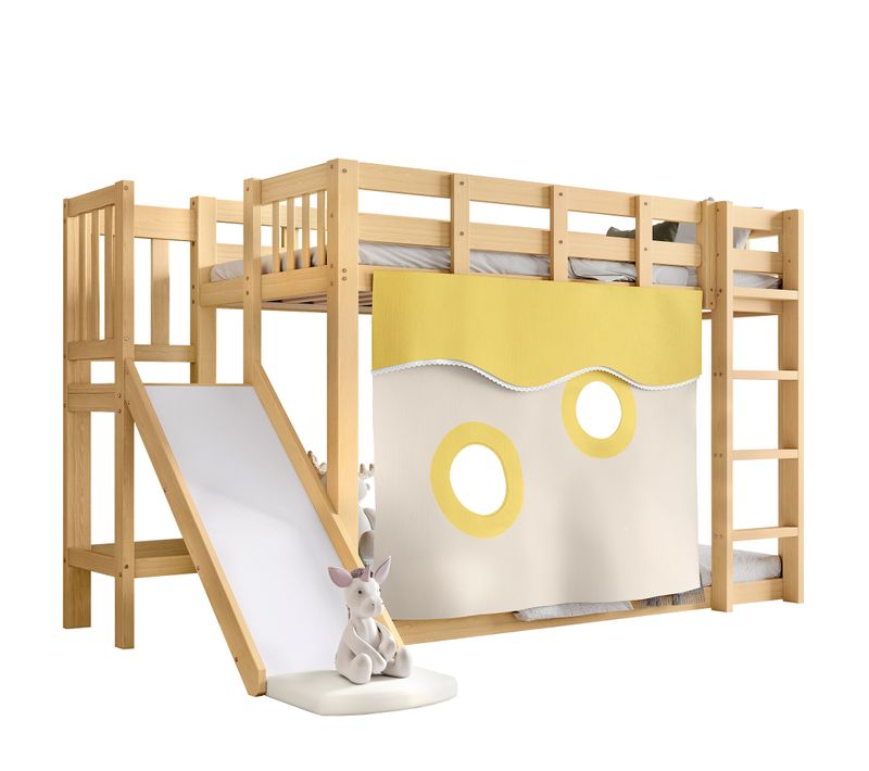 Lit Superposé 90x200 Cm En Bois Naturel Avec Toboggan, Rideaux Et Sécurité
