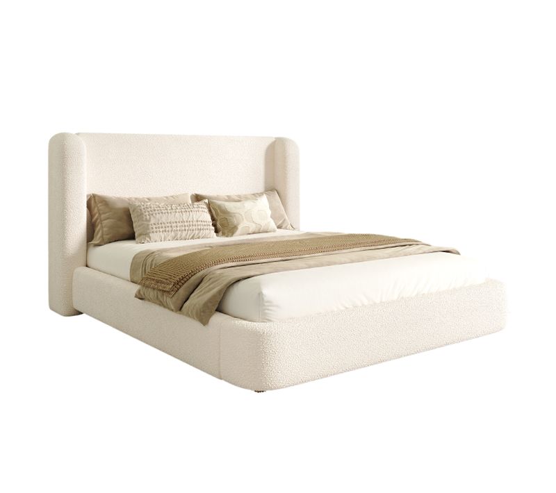 Lit Double Coffre 160x200 Cm En Bouclé Beige Avec Sommier Hydraulique Et Tête De Lit Rembourrée