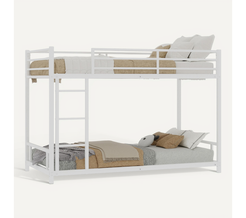 Lit Superposé Métal 90x190 Moderne, Robuste, Silencieux Avec échelle Et Garde-corps, Blanc