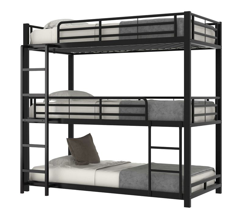 Lit Superposé Triple 90x200 En Métal Pour Enfants Et Adultes, Cadre Robuste Noir