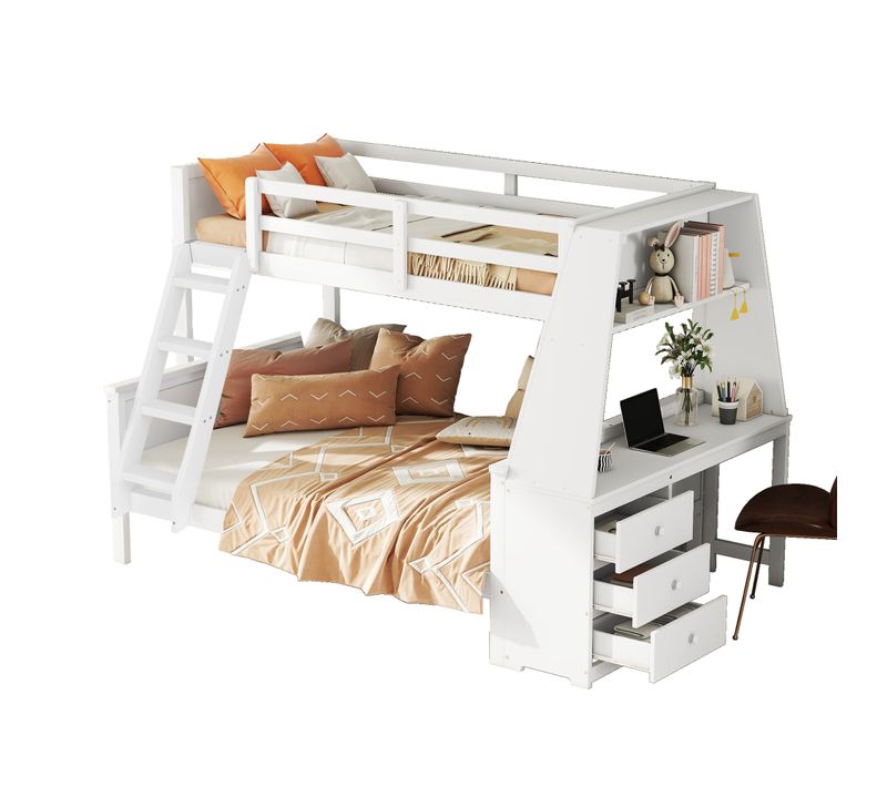 Lit Superposé 90x200 + 140x200 Cm Blanc Avec Bureau Et Grand Rangement Intégré
