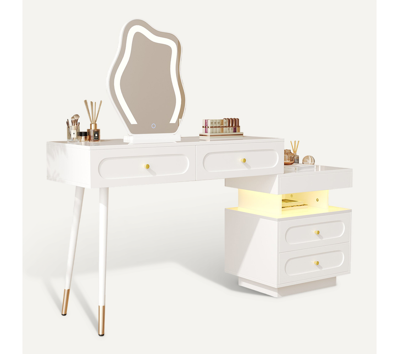 Coiffeuse Blanche Avec Miroir LED Tactile, 4 Grands Tiroirs Et Meuble Latéral Modulable Pour Chambre