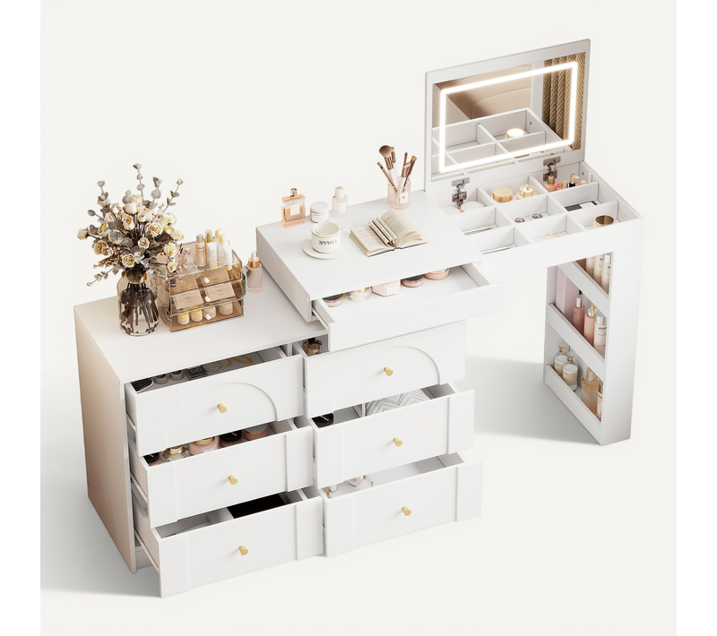 Coiffeuse Pivotante Blanche Avec Miroir LED, 7 Tiroirs Et Fonction Bureau Pour Petits Espaces