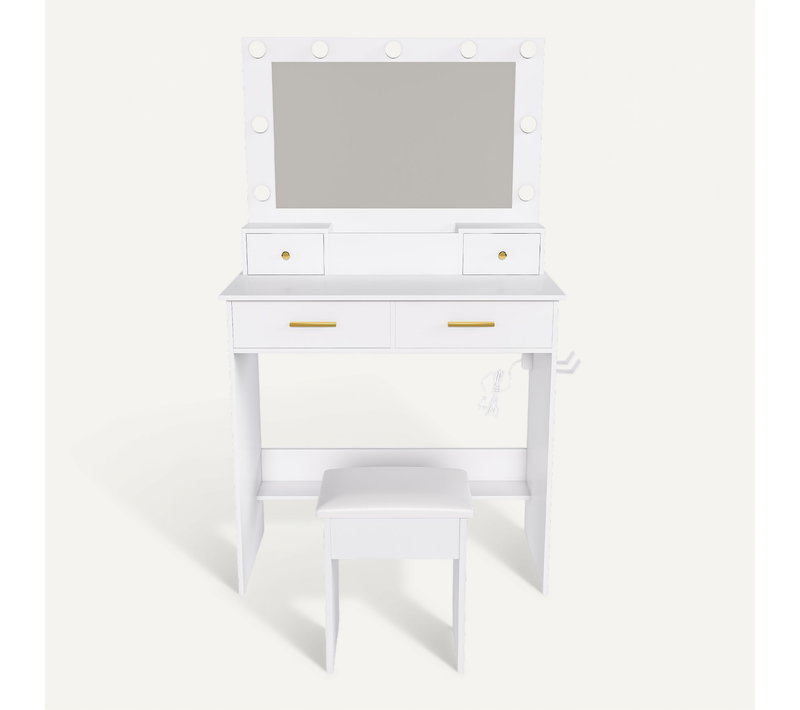 Coiffeuse Blanche Avec LED 3 Couleurs, 4 Tiroirs, Prise Et Support Sèche-cheveux