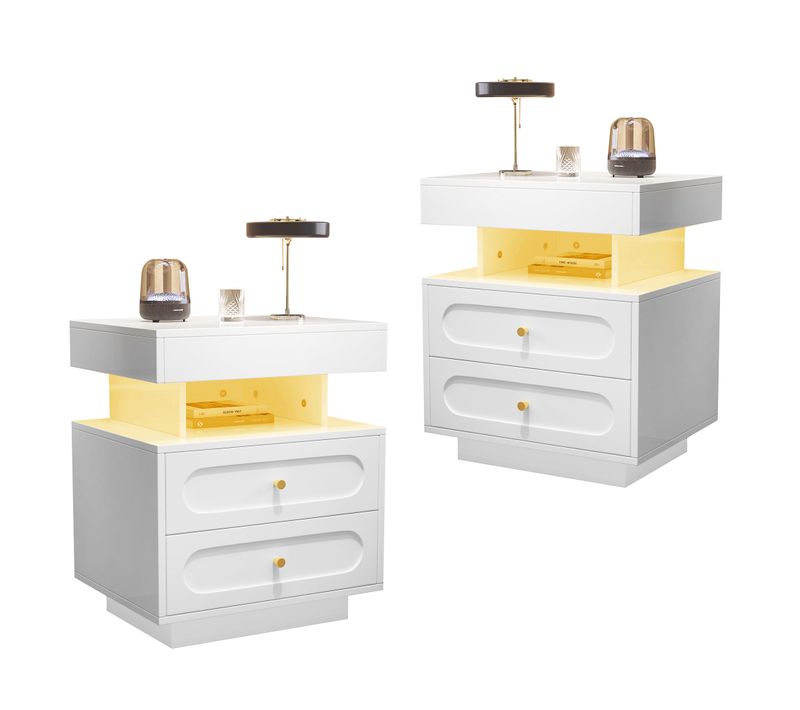 Table De Chevet Blanche Avec LED, 2 Tiroirs Et Rangement Ouvert Pratique, Lot De 2