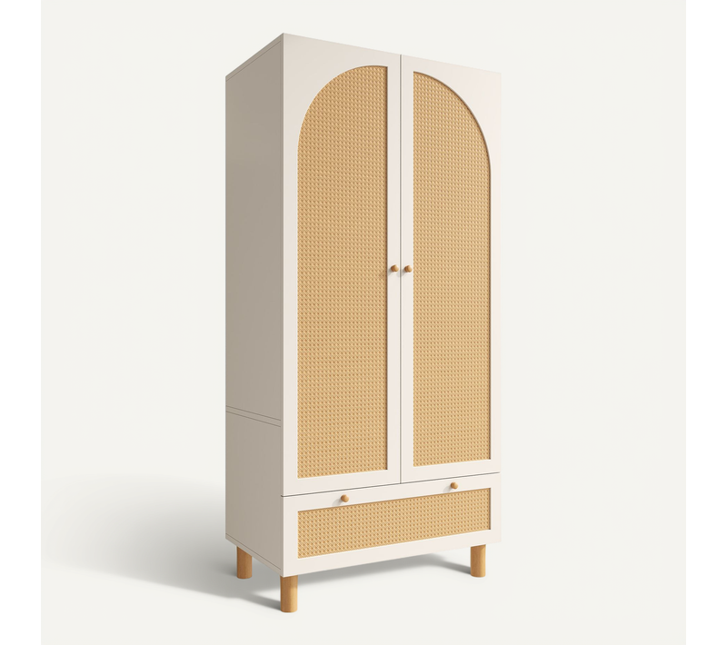 Armoire Garde-robe Blanche 2 Portes Avec Rotin, Tiroir Et étagères Réglables 180x85x52 Cm
