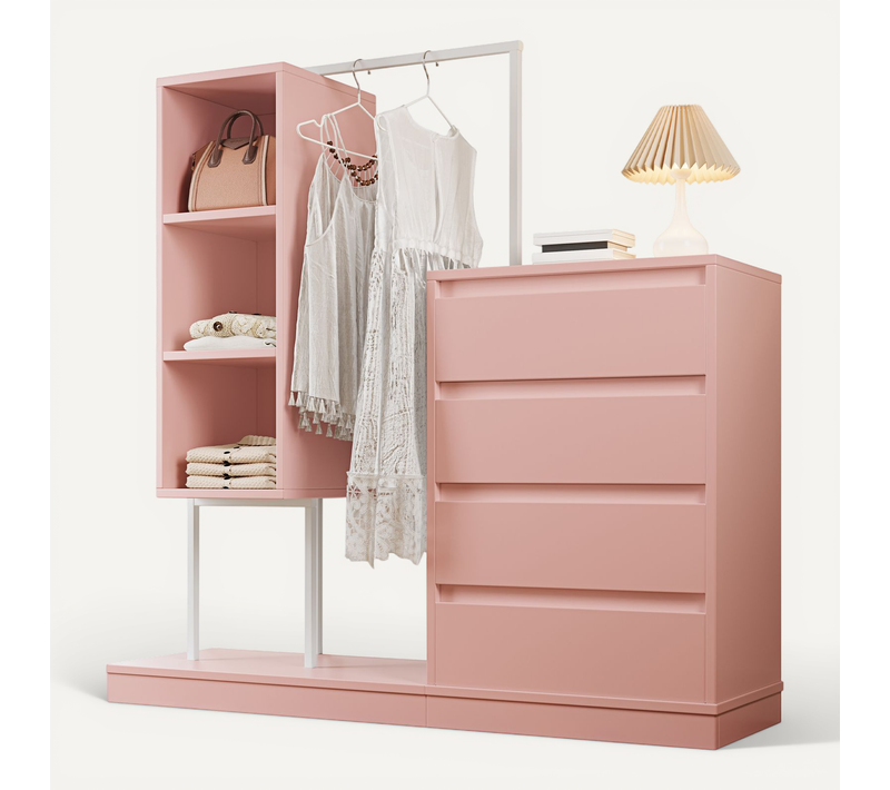 Armoire Et Commode Combinées Avec étagères Et Penderie, Design Rose Et Blanc, 140x40x135 Cm
