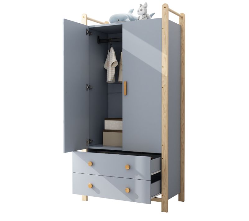 Armoire 2 Portes Avec Penderie Et 2 Tiroirs, Corps Bleu Et Cadre Pin, 90x45x180 Cm