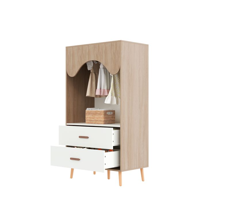 Armoire Enfant Ouverte Avec Penderie Et Tiroirs, Bois Naturel Et Blanc, 80x46x141,5 Cm