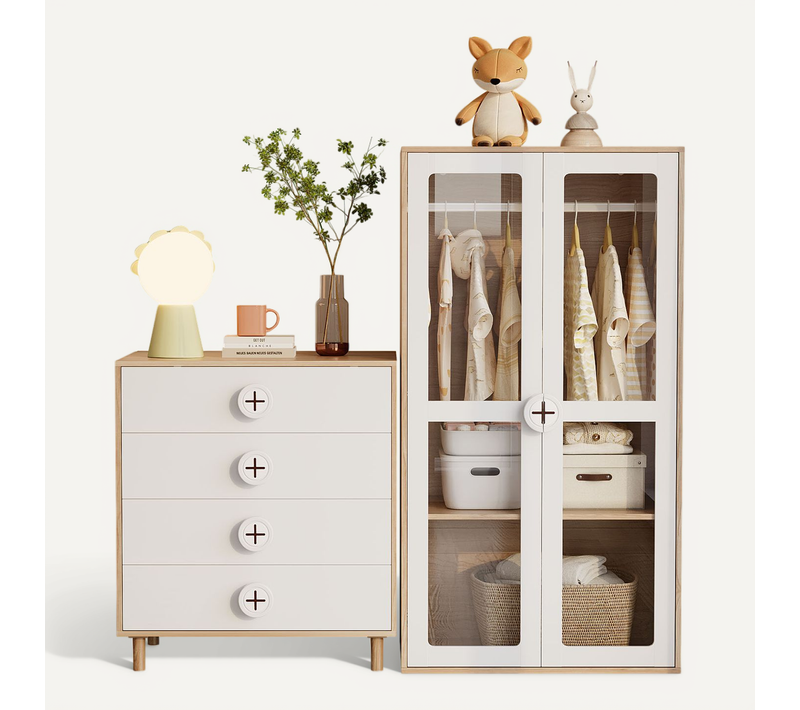 Armoire Combinée Avec Commode Et Table De Chevet, Blanc Et Bois, 80x50x150 Cm