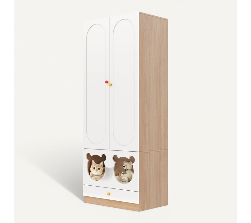 Armoire Enfant Avec Penderie Et Lit Pour Chat, Blanc Et Bois, 80x50x200 Cm
