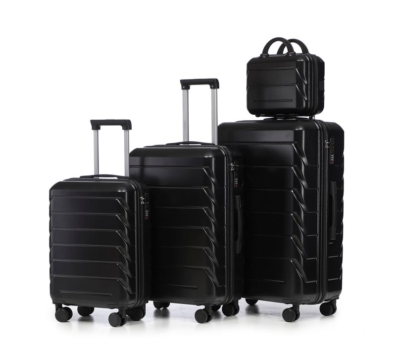 Set De Valises Abs 4 Pièces Avec Roulettes 360°, Cadenas Et Trousse Cosmétique 14", Noir