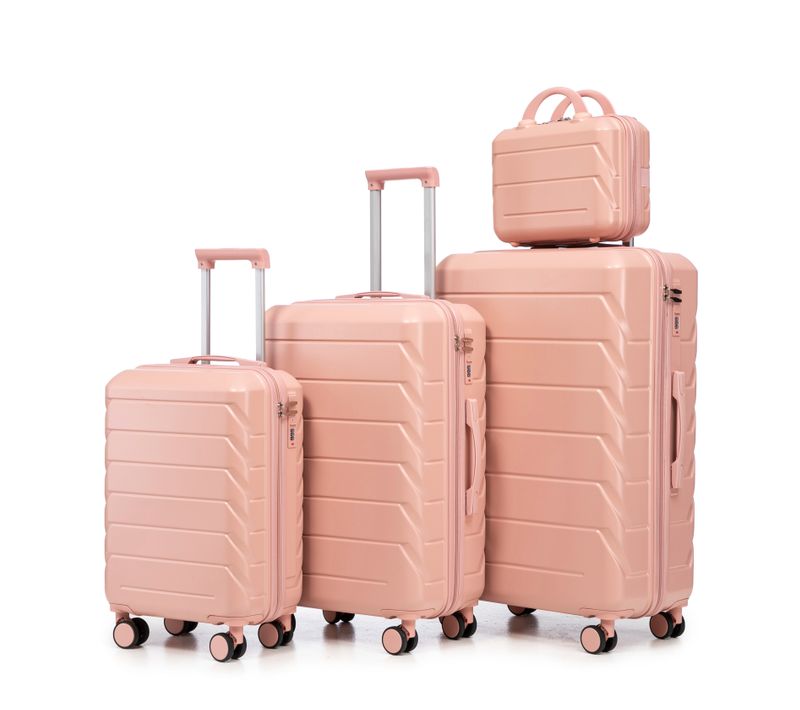 Set De Valises Abs 4 Pièces Avec Roulettes 360°, Cadenas Et Trousse Cosmétique 14", Rose