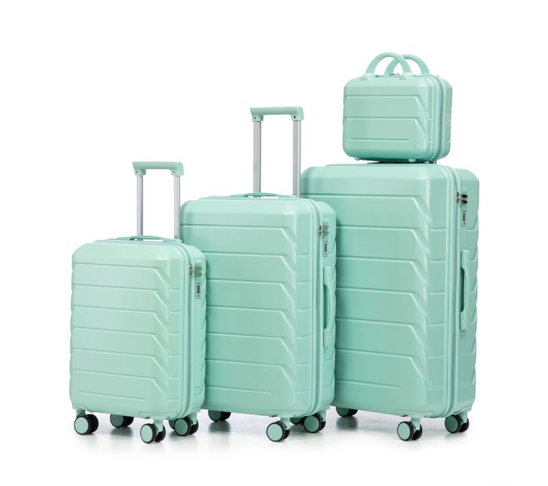 Set De Valises Abs 4 Pièces Avec Roulettes 360°, Cadenas Et Trousse Cosmétique 14", Vert Menthe