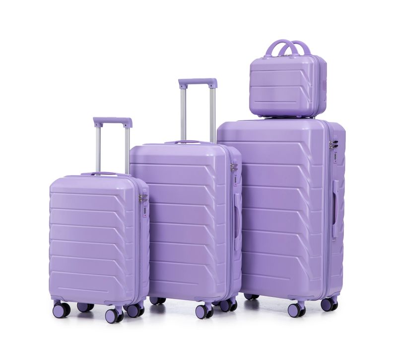Set De Valises Abs 4 Pièces Avec Roulettes 360°, Cadenas Et Trousse Cosmétique 14", Violet
