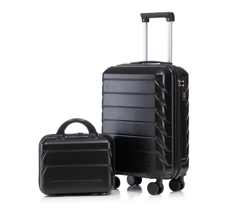 Set De Valises Abs 2 Pièces Avec Roulettes 360°, Cadenas Et Trousse Cosmétique 14", Noir