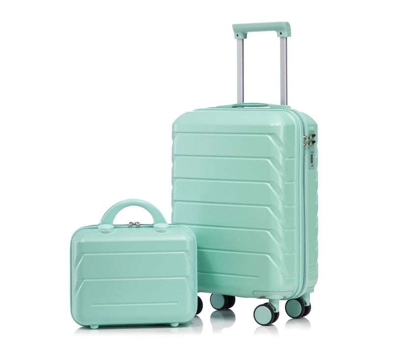 Set De Valises Abs 2 Pièces Avec Roulettes 360°, Cadenas Et Trousse Cosmétique 14", Vert Menthe