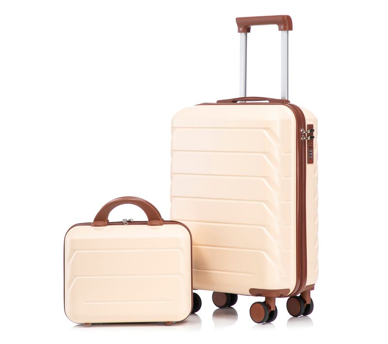 Set De Valises Abs 2 Pièces Avec Roulettes 360°, Cadenas Et Trousse Cosmétique 14", Beige