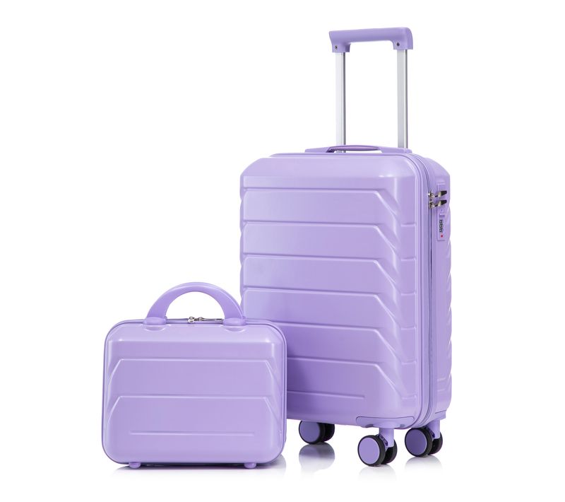 Set De Valises Abs 2 Pièces Avec Roulettes 360°, Cadenas Et Trousse Cosmétique 14", Violet