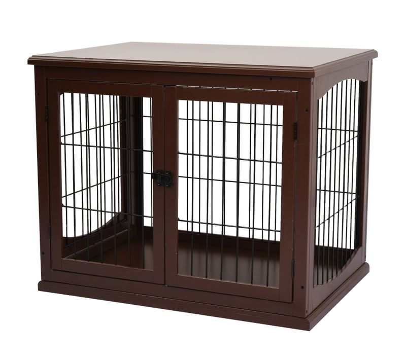 Cage Pour Chien 2 Entrées Verrouillables En Mdf Et Métal, Design Pratique, Marron