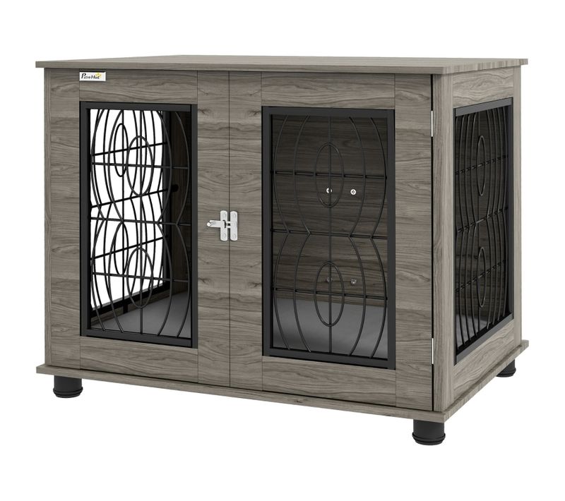 Caisse Pour Chien Avec Coussin Confortable, Métal Et Bois, 80x56x63cm, Pour Chiens Jusqu’à 20kg