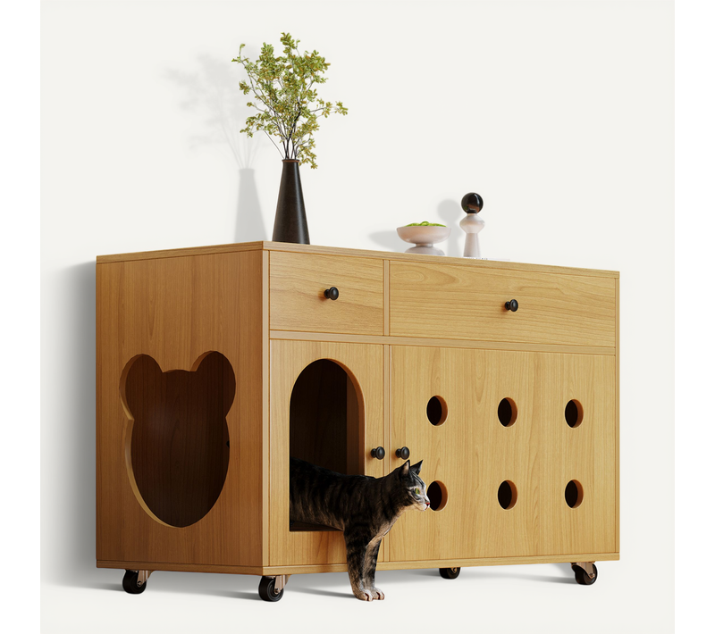 Meuble Cache-litière Mobile Pour Chat Avec Tiroirs Et Plateau Anti-sable, Finition Bois Naturel