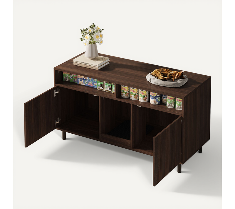 Meuble Cache-litière Pour Chat Avec Double Porte Et Tapis Récupérateur, Style Noyer 120 Cm