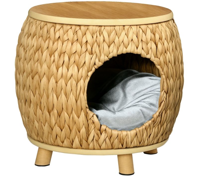 Niche Pour Chat En Herbe De Jacinthe D'eau Avec Coussin Lavable Et Structure Bois Naturel
