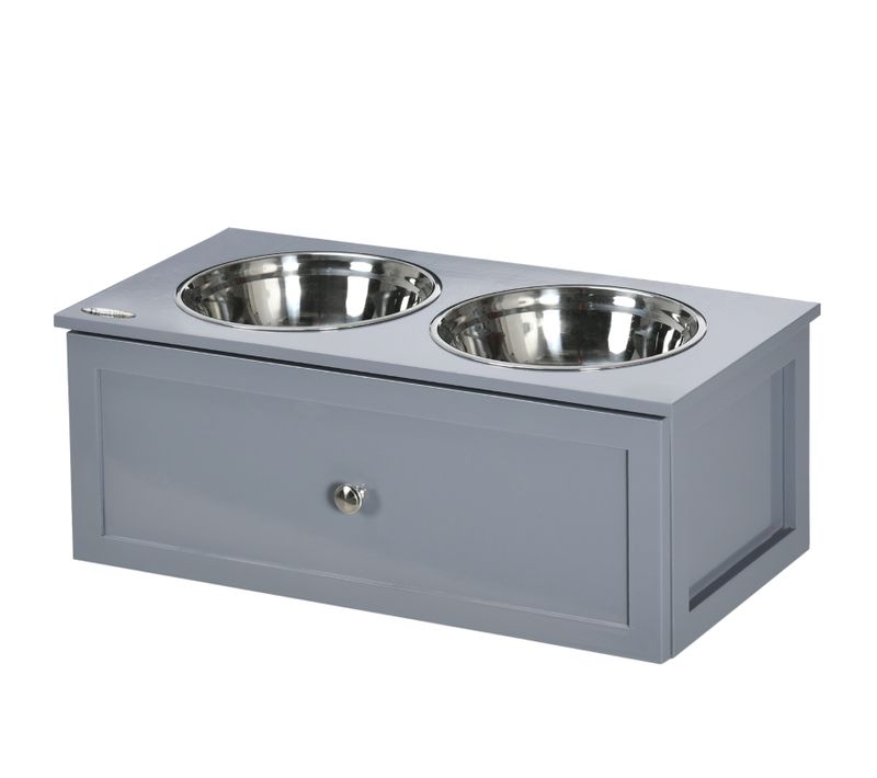 Station De Repas Surélevée Pour Chiens Moyens Avec 2 Bols En Inox Et Tiroir De Rangement