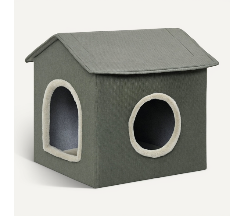 Cachette Pour Chat Avec Coussin Lavable, Lit Pour Animaux Portable, Khaki Et Vert