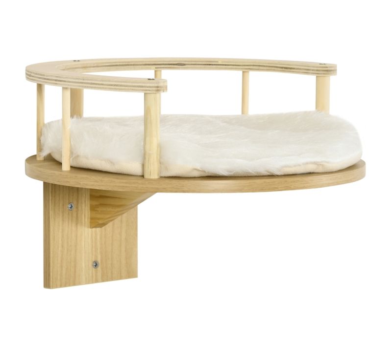 Lit Mural Pour Chats Avec Coussin Amovible Et Rebord De Sécurité, Design Élégant Chêne Et Crème