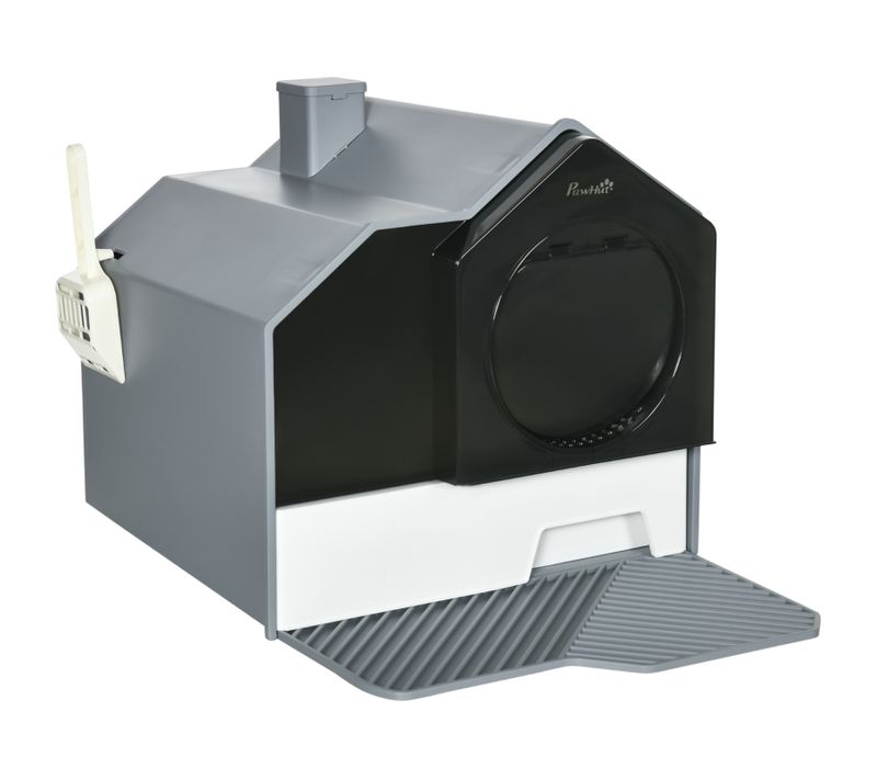 Litière Pour Chat Design Cabane Avec Bac Amovible, Tapis Anti-litière Et Pelle, Gris 47x45x42 Cm