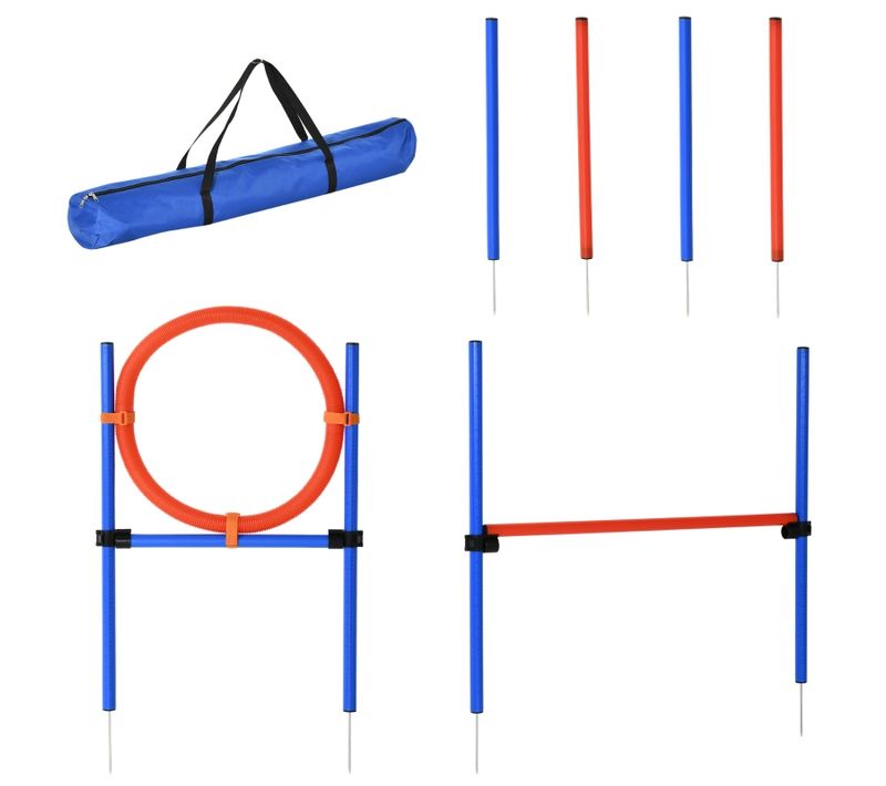 Set D’agility Pour Chiens 3 En 1 Avec Slalom, Haies Et Anneau De Saut, Bleu Et Rouge