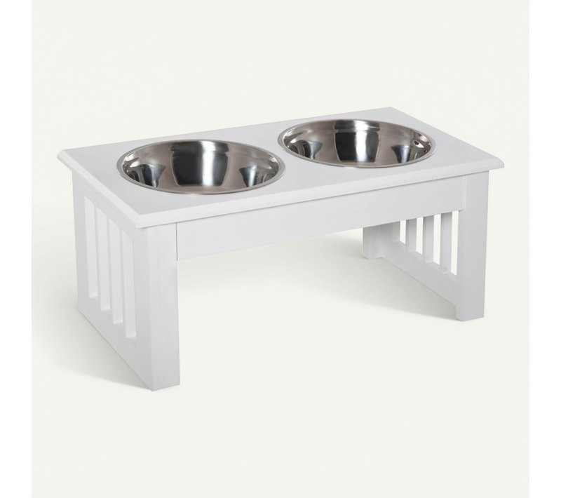Station De Nourriture Surélevée Pour Chiens Avec 2 Bols En Acier Inoxydable, Blanche, 0,9l