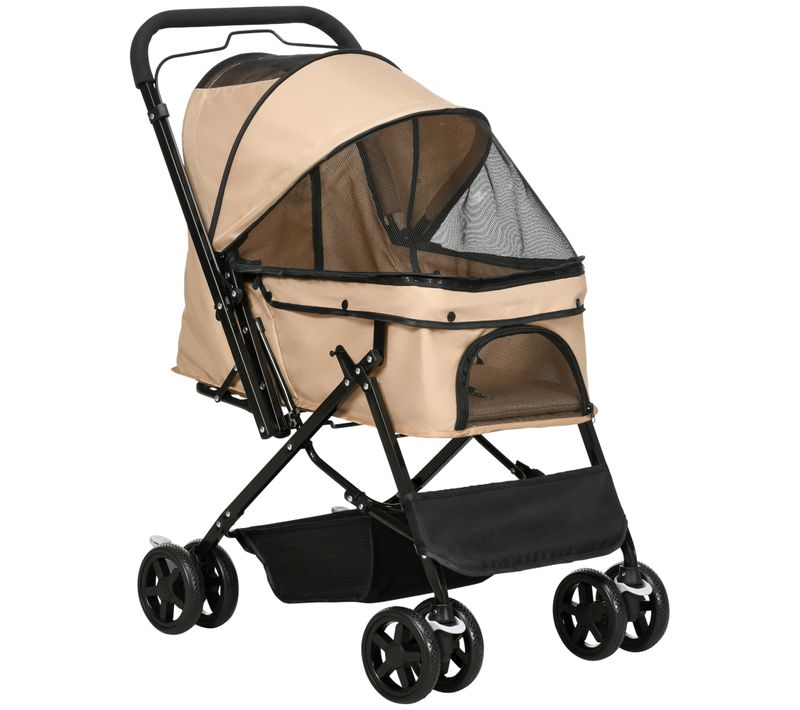 Poussette Pour Chien Et Chat De Petite Taille En Oxford Marron Clair Avec Roues Pivotantes Et Panier
