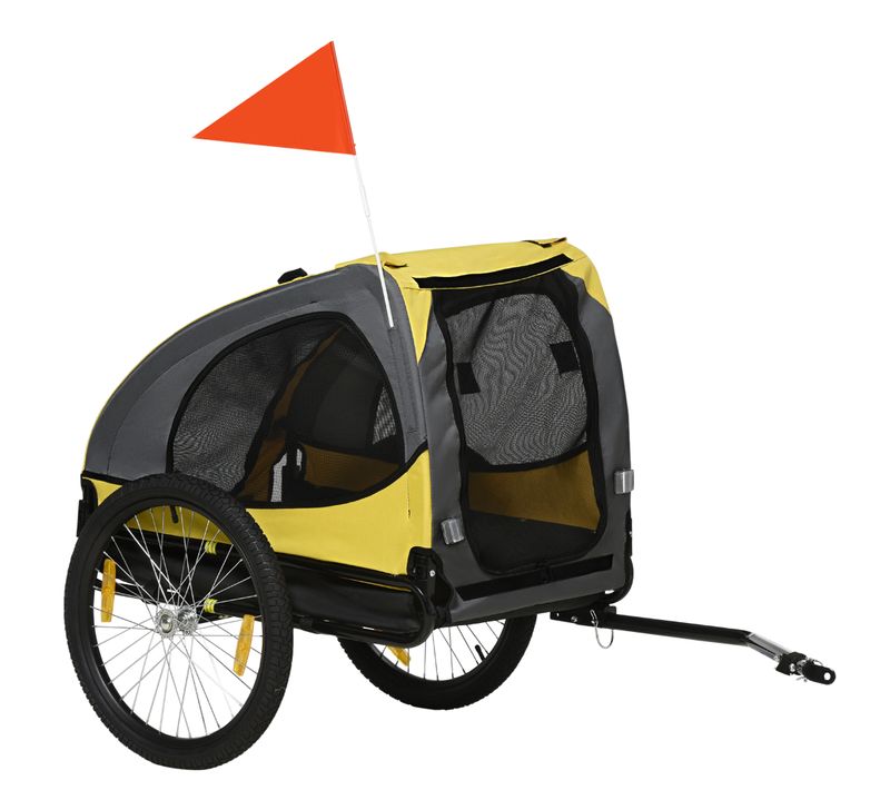Remorque Vélo Pour Chien Moyen 20 Kg En Tissu Oxford Jaune Avec Fenêtres Filet Et Sécurité