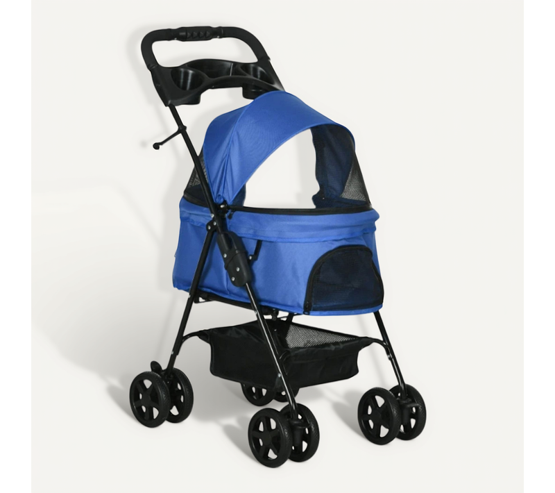 Poussette Pliante Pour Chien Et Chat De Petite Taille En Oxford Bleu Avec Double Roues Et Rangement