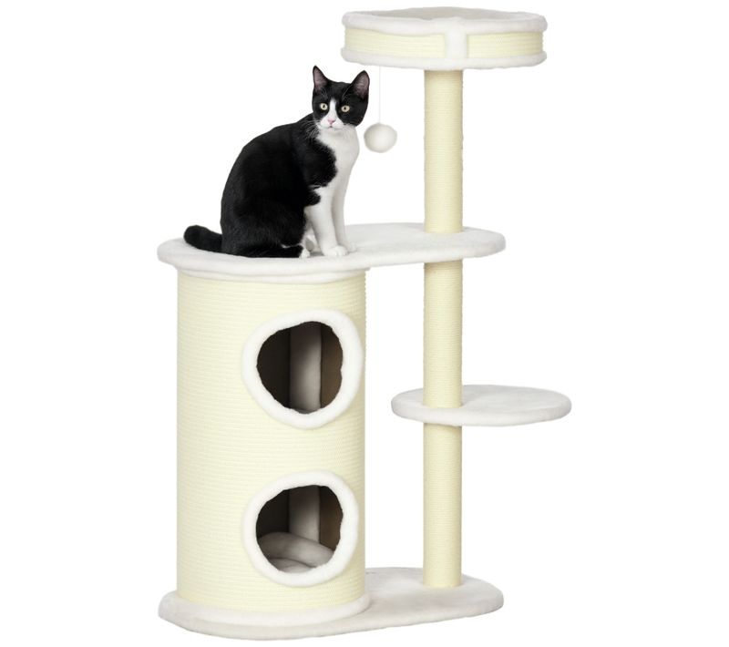 Arbre à Chat Avec Tonneau, Lit Et Jouet Suspendu 59x35x100 Cm Crème Et Blanc