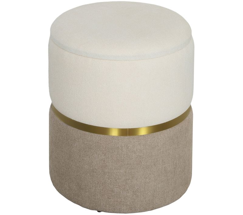 Pouf De Rangement Bicolore Avec Couvercle, Anneau Métallique Et Assise En Chenille Crème