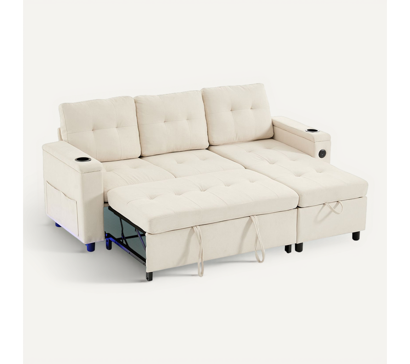 Canapé Convertible 3 Places Beige Avec LED, Rangement Caché Et Fonction Lit