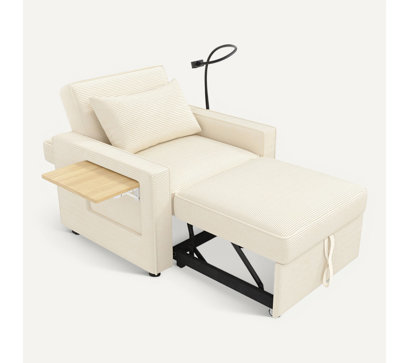 Fauteuil Convertible Multifonction Avec USB Et Porte-smartphone, Tissu Velours Côtelé Beige