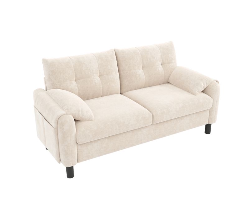 Canapé 2 Places Moderne En Chenille Avec Coussins épais, Design Scandinave Beige