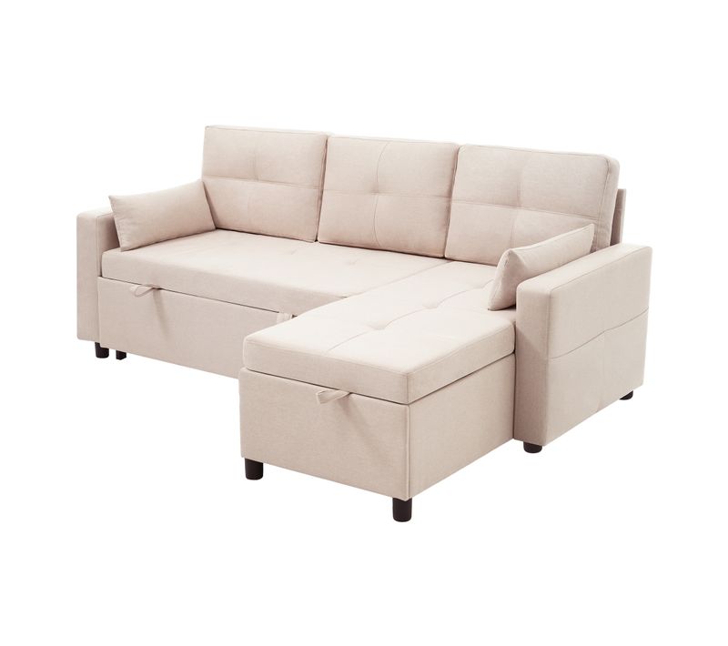 Canapé D’angle Moderne L Modulable Avec Lit, Rangement Et Porte-gobelet, 3-4 Places, Beige