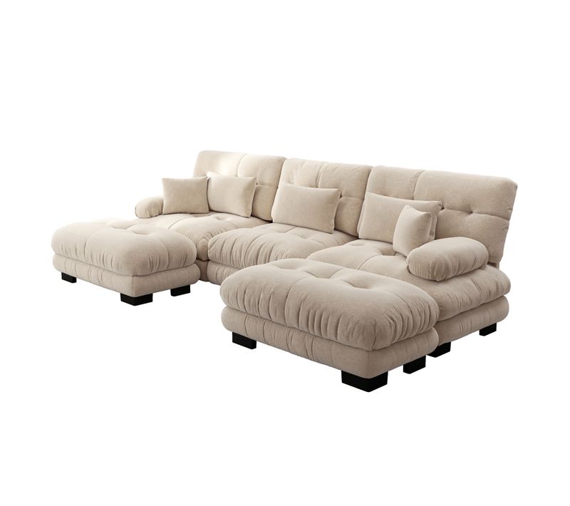 Canapé Modulable XL En U Cloud En Chenille Avec Ottoman Et Assise Profonde, Brun Clair